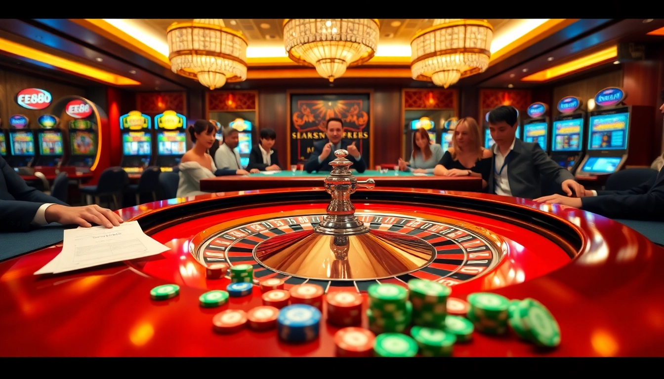 Experience the vibrant action of ee88 at a luxury casino gaming table with chips and roulette.