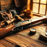 The .32 Win rifle displayed with hunting gear on a rustic wooden table, creating an inviting atmosphere.