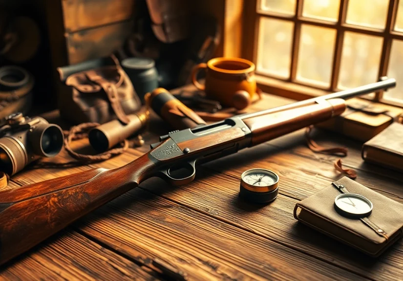 The .32 Win rifle displayed with hunting gear on a rustic wooden table, creating an inviting atmosphere.