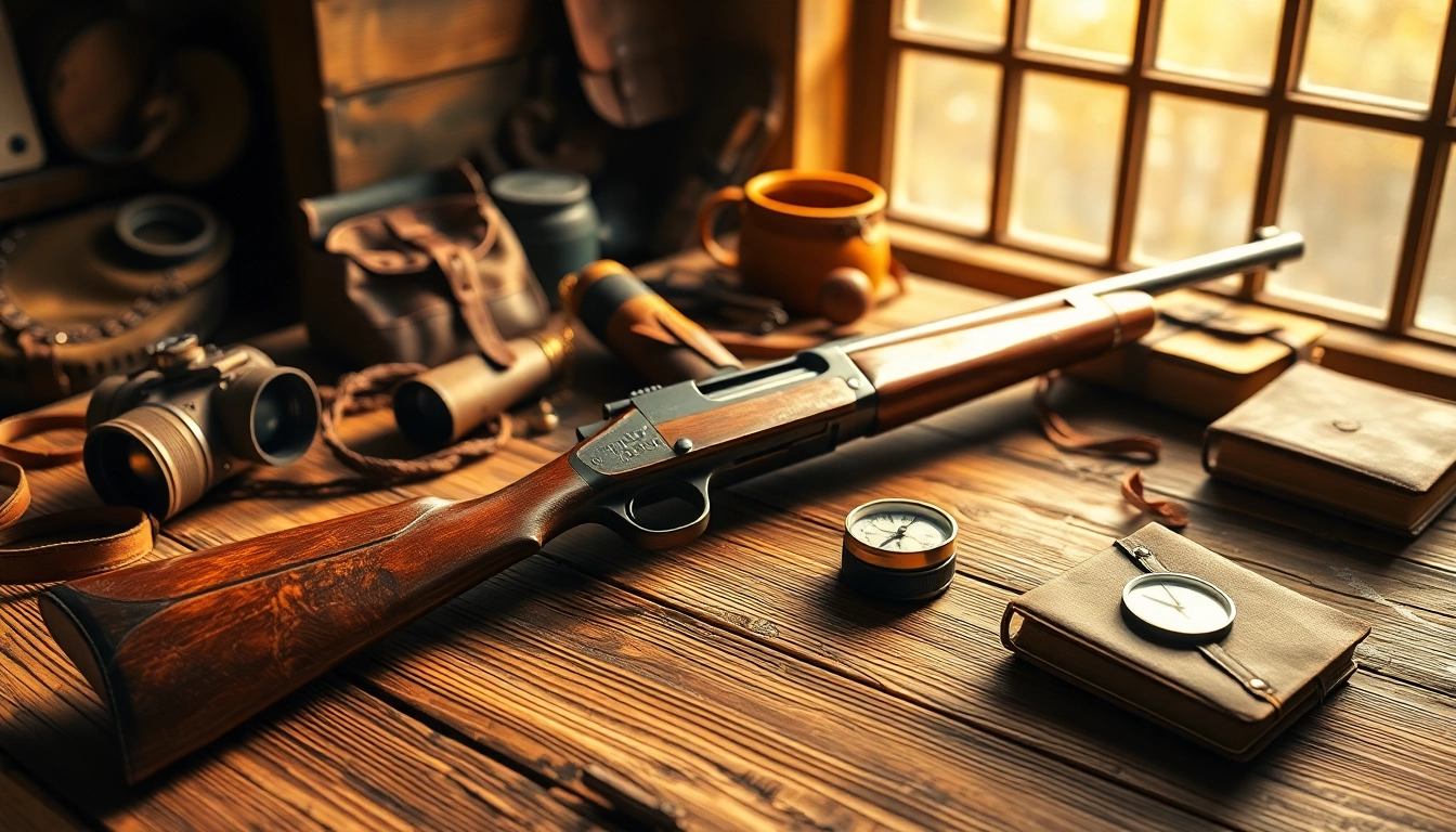The .32 Win rifle displayed with hunting gear on a rustic wooden table, creating an inviting atmosphere.