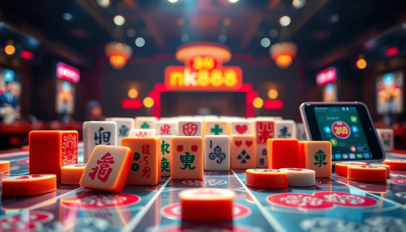 Engaging nk88 gaming app interface featuring colorful mahjong tiles and a smartphone.