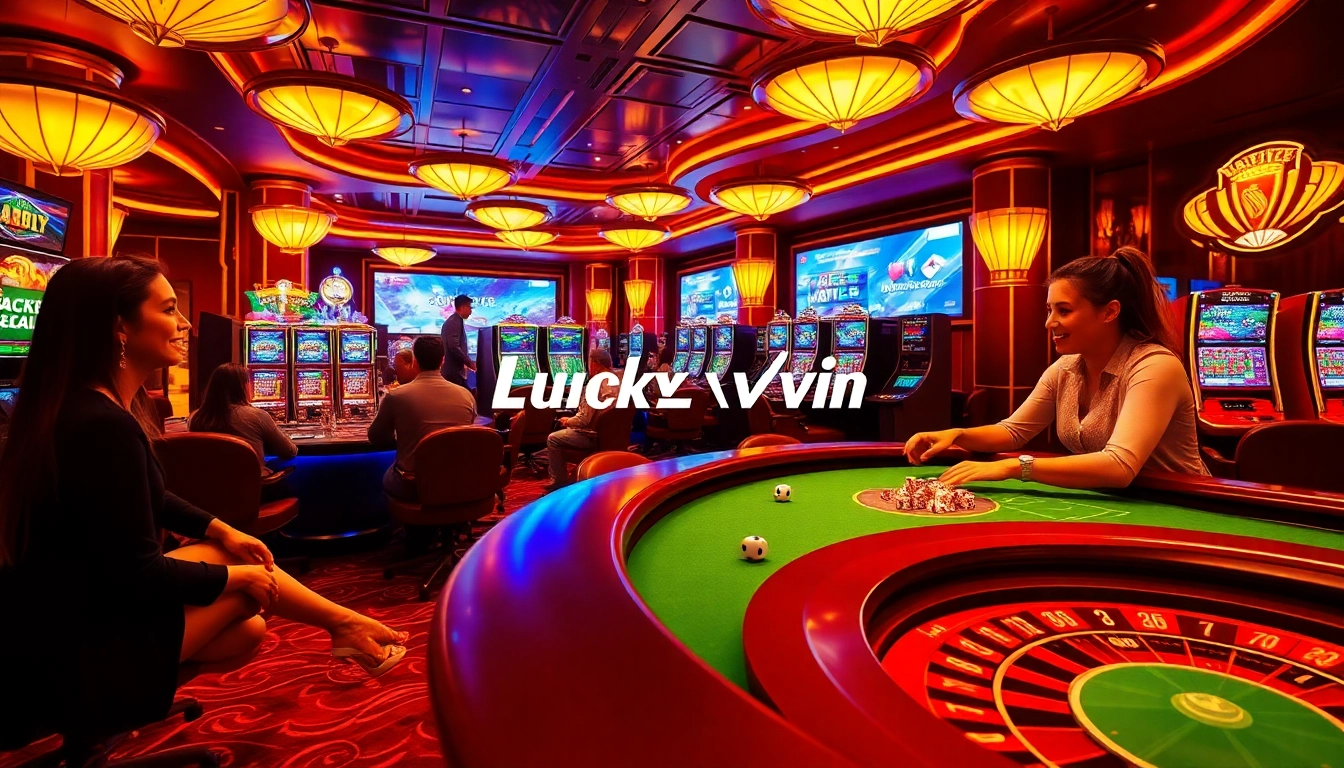 Players celebrating a win at Luckywin casino with vibrant slot machines and luxury tables.