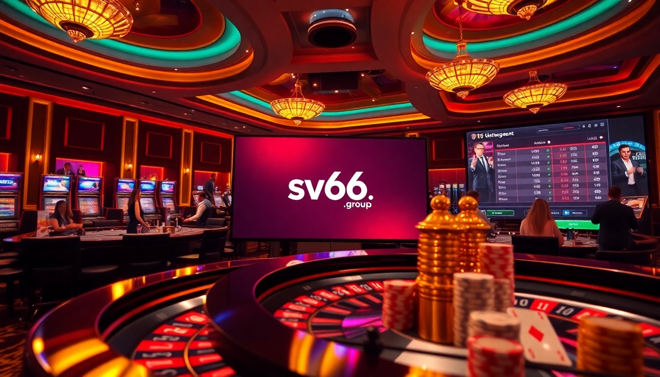 Exciting online gambling experience at sv66.group with poker chips and roulette wheel.