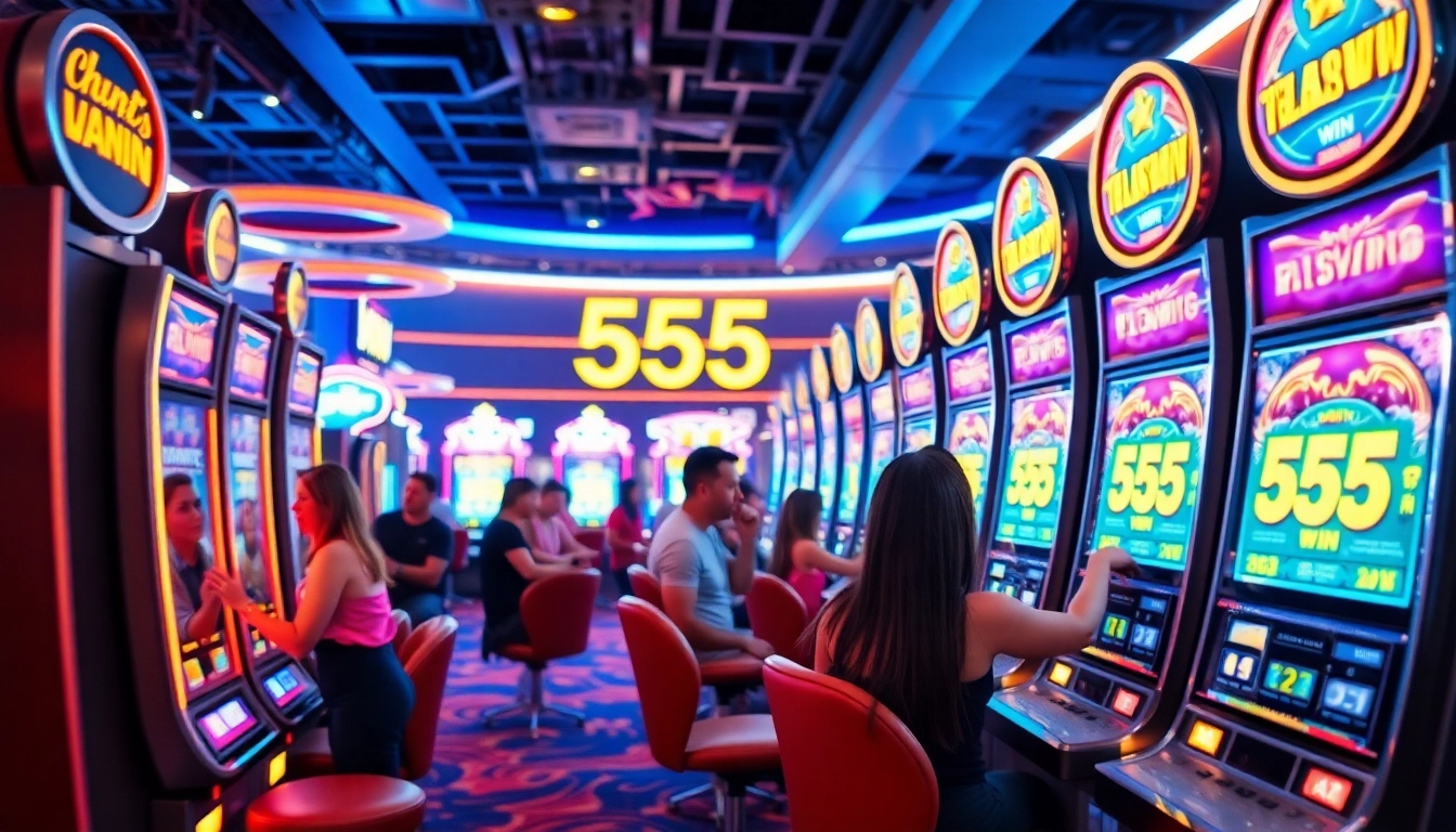 Exciting casino scene featuring players celebrating their 555 win on slot machines.