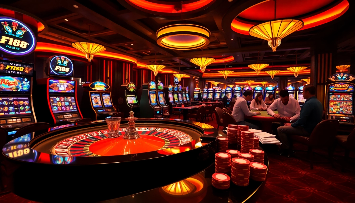 Experience the thrill at F168 Casino with vibrant gaming tables and excited players.