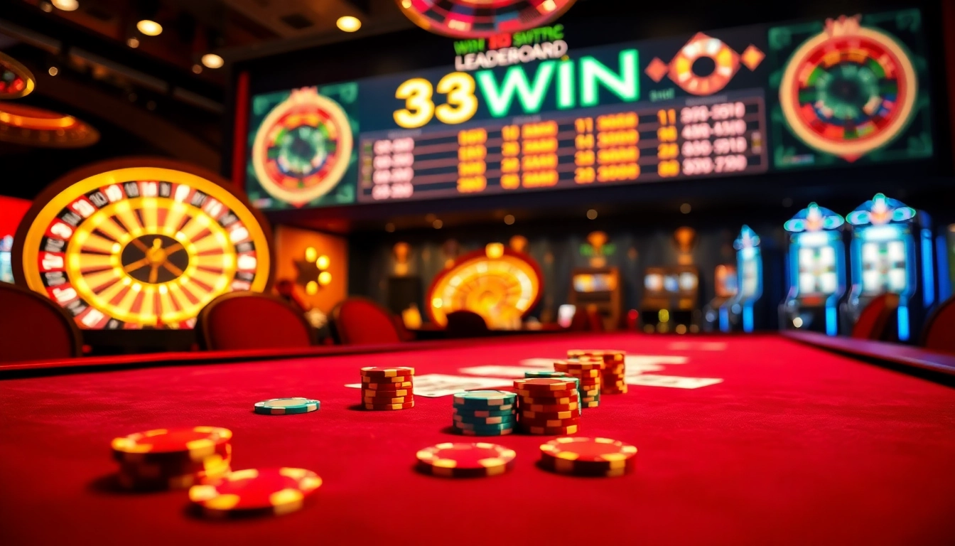 Experience high-stakes action at 33WIN with vibrant casino tables and poker chips.