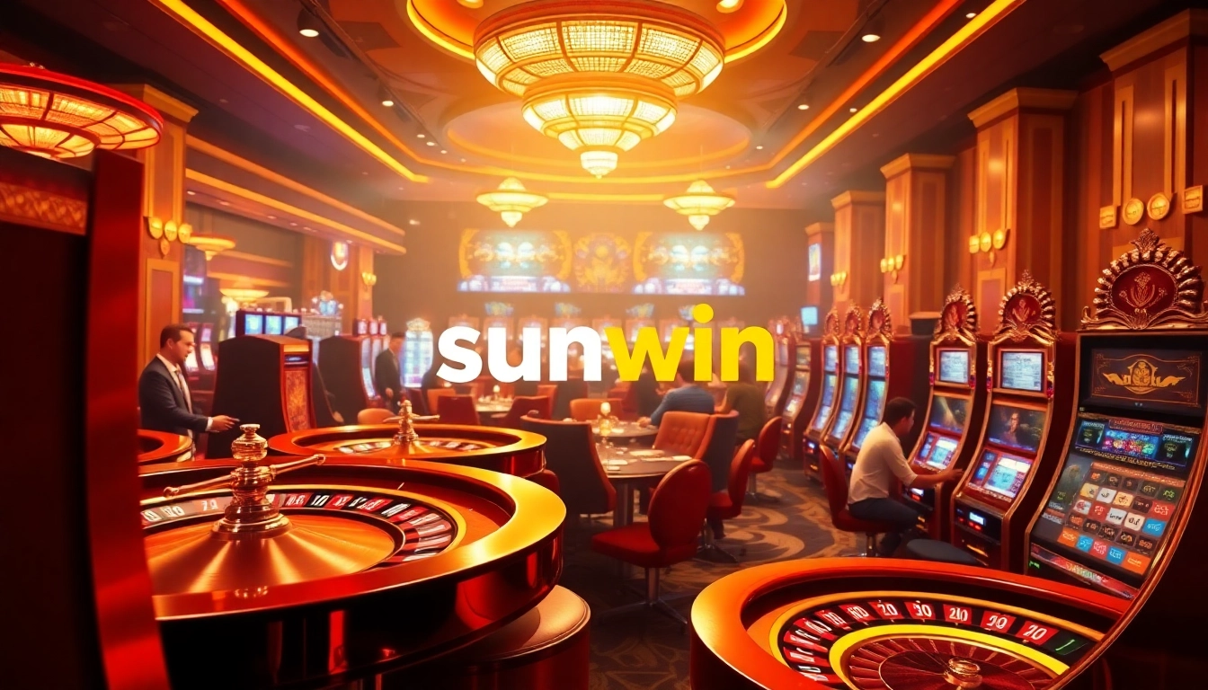 Players enjoying thrilling games at Sunwin casino with vibrant atmosphere and rich decor.