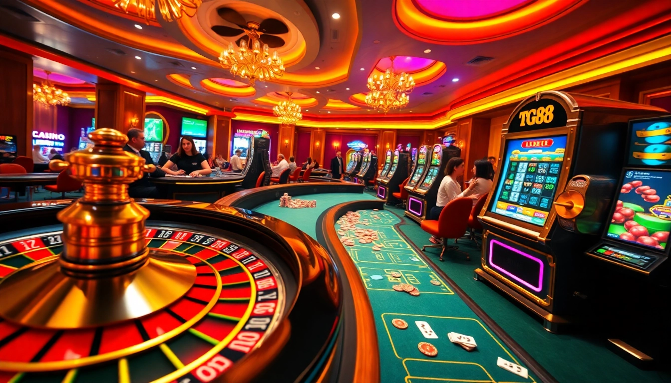 Excited gamblers enjoying games at TG88 casino, featuring roulette and poker tables.