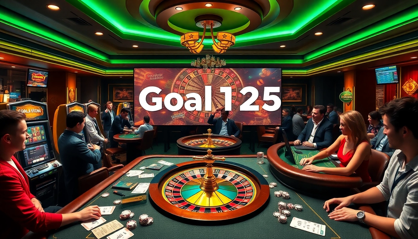 Goal123 players enjoying thrilling games at a luxurious online casino featuring slot machines and roulette.